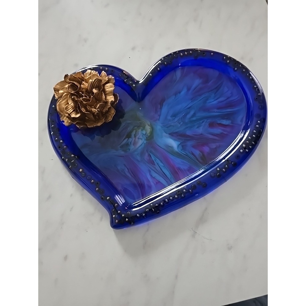 Handmade Resin Heart Shaped Dish Blue Swirled Decoration Gift Trinket Keys‎ 675